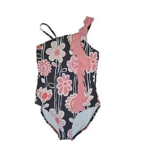 Gymboree Girls One-Shoulder Floral Swimsuit in Black and Pink